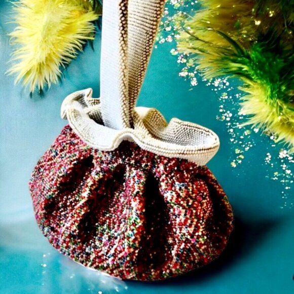 Vintage BEADED Drawstring Wrist Pouch Bag Flapper Art Deco Small - Picture 1 of 13